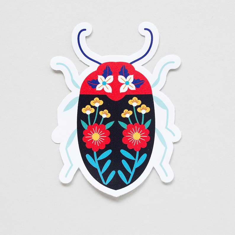 Illustrated Floral Beetle Die Cut Sticker image 1