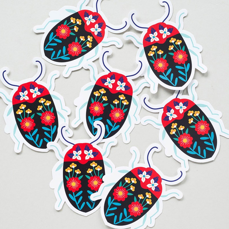 Illustrated Floral Beetle Die Cut Sticker image 3