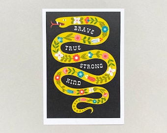 A5 print, lime green folk art snake illustration, Year of the Snake