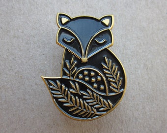 Fox enamel pin brooch, black and gold metal