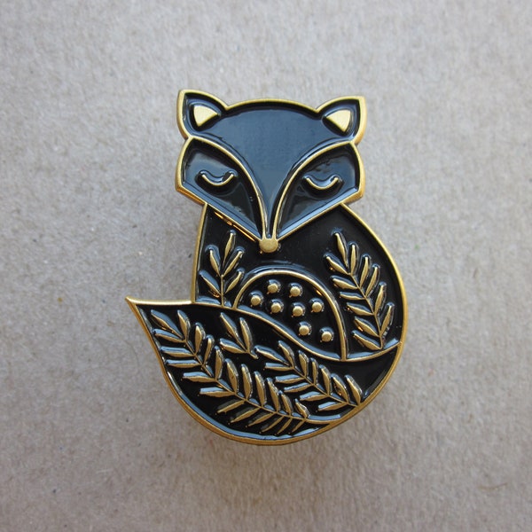 Fox enamel pin brooch, black and gold metal