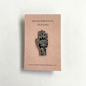 Hand enamel pin, tattoo folk design, black and gold metal brooch image 1