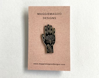 Hand enamel pin, tattoo folk design, black and gold metal brooch