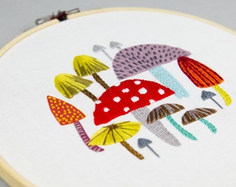 DIY embroidery printed fabric, mushroom & toadstools design to stitch yourself at home