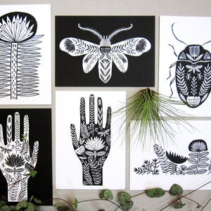 Folk art postcard pack, black and white, monochrome illustration, tattoo style design, set of six A6 art postcards