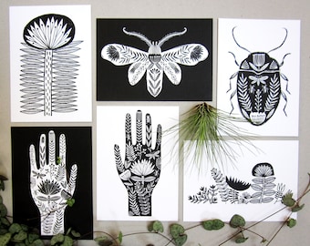 Volkskunst Postkarten Pack, schwarz und weiß, einfarbige Illustration, Tattoo Style Design, Set von sechs A6 Kunstpostkarten