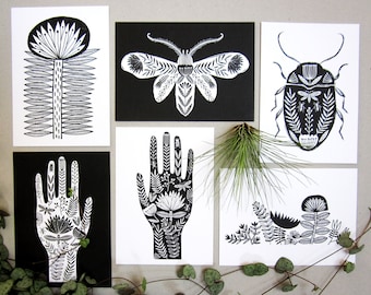 Pacote de cartões postais de arte popular, preto e branco, ilustração monocromática, design estilo tatuagem, conjunto de seis cartões postais de arte A6