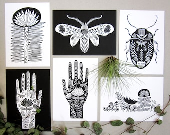 Folk art postcard pack, black and white, monochrome illustration, tattoo style design, set of six A6 art postcards