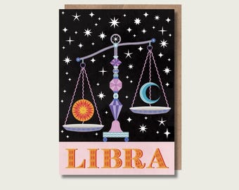 Libra Star Sign Zodiac Greetings Card, Astrology art