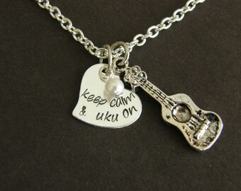 keep calm & uku on - Aluminum necklace with ukulele charm and a pearl