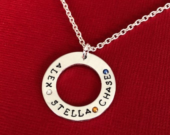 Mom's/Grandma's Necklace - Washer Necklace - Kids name and birthstone - Swarovski Crystal Rhinestone - Personalized Mother's Necklace