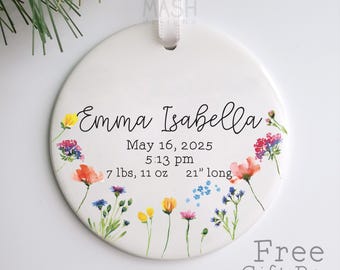 Flowers Birth Stats Baby Ornament, Baby Girl Ornament, baby birth stats ornament, baby keepsake, baby girl gift, personalized baby ornament