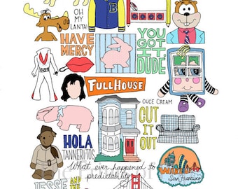 Może przedstawiać: Kolorowa ilustracja przedstawiająca różne odniesienia do programów telewizyjnych z lat 90., w tym Pełna Chata, Smerfy, Wake Up San Francisco, Jesse and the Rippers i wiele innych. Ilustracja wykonana jest w stylu kreskówkowym z jasnymi kolorami i grubymi konturami.