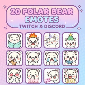 May include: A digital graphic featuring 20 polar bear emotes for Twitch and Discord. The emotes showcase various expressions, including joy, anger, and sadness. The background is a gradient of pink and blue with decorative stars and hearts.
