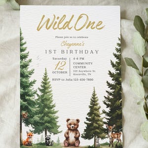 Invitación de cumpleaños de Wild One: Animales del bosque, plantilla editable (descarga digital)