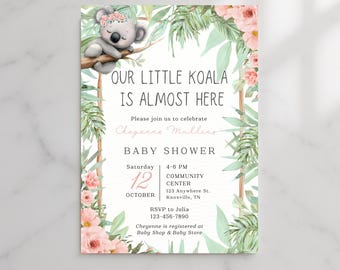 May include: A rectangular baby shower invitation template featuring a watercolor koala sleeping on a branch, surrounded by pink flowers and green tropical leaves. The text reads: Our Little Koala Is Almost Here, Cheyenne Mullins, Baby Shower, Saturday 12 October, 4-6 PM, Community Center, 123 Anywhere St, Knoxville, TN, RSVP to Julia 123-456-7890, Cheyenne is registered at Baby Shop & Baby Store.