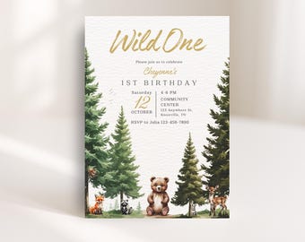 Wild One Birthday Invitation: Forest Animals, Editable Template (Digital Download)