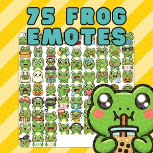 Könnte beinhalten: Ein digitales Kunstwerk mit 75 Frosch-Emotes mit verschiedenen Ausdrücken und Accessoires. Der Text "75 FROG EMOTES" ist prominent dargestellt. Ein großer Cartoon-Frosch mit einem Getränk befindet sich in der unteren rechten Ecke.