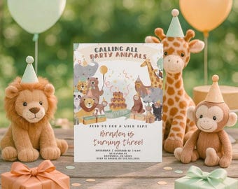 Safari Jungle Birthday Invitation: Party Animals Theme (Canva Template Digital Download
