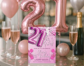 Pink 21st Birthday Invitation Template - Let's Party