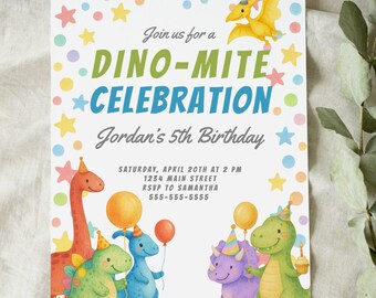 Invitación de cumpleaños de dinosaurio: Fiesta de dinosaurios en acuarela, plantilla editable de Canva (13 x 18 cm)