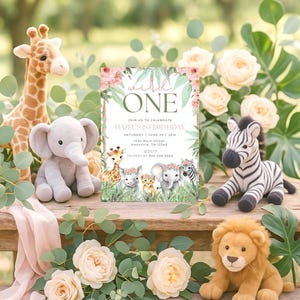 Safari Girl 1st Birthday Invitation: Jungle Animals, Wild One Theme (Digital Template 5x7in)