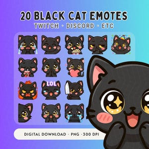 Puede incluir: Gráfico de descarga digital con 20 emoticonos de gatos negros con varias expresiones. El texto incluye "20 BLACK CAT EMOTES", "TWITCH", "DISCORD" y "ETC". La imagen es un archivo PNG a 300 DPI.