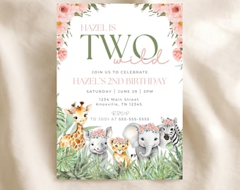 Invitación de cumpleaños para niña con temática de safari salvaje: animales de la jungla, rosa, segundo cumpleaños (plantilla digital de 5 x 7 pulgadas)