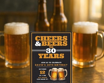 Cheers & Beers Birthday Invitation: Editable Template (Digital Download 5x7in Canva Template)