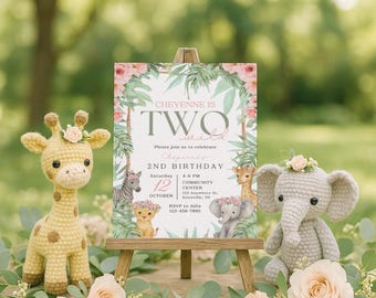 Invitación de cumpleaños de safari para niña: Animales de la selva, diseño rosa (Plantilla digital de 13 x 18 cm)
