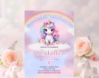 Magical Unicorn Birthday Invitation: Pastel Rainbow Theme (Canva Template)