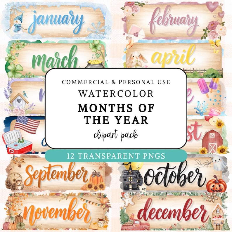 Watercolor Months of the Year Clipart: Hand-lettered PNG Bundle (300 ...