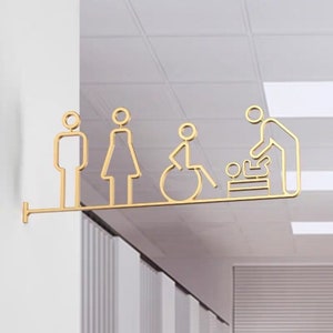 May include: Gold metal sign with symbols for men's, women's, accessible, and family restrooms. The sign is mounted on a wall.