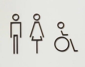 Könnte beinhalten: Schwarz-weiße Umrisssymbole für eine Herren-, Damen- und behindertengerechte Toilette.
