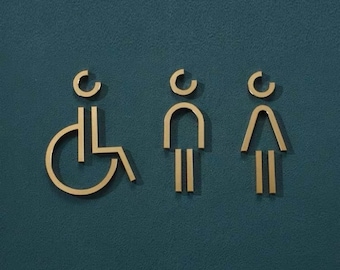 May include: Three gold-colored restroom signs on a teal wall. The signs are for a wheelchair accessible restroom, a men's restroom, and a women's restroom.