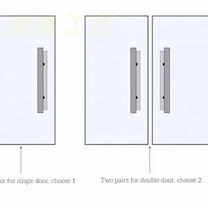 K&ouml;nnte beinhalten: Diagramm der T&uuml;rbeschlagsoptionen. Das Bild zeigt eine einzelne T&uuml;r und eine Doppelt&uuml;r, jeweils mit einem Griffdesign. Text gibt die ben&ouml;tigte Menge an: ein Paar f&uuml;r eine einzelne T&uuml;r, zwei Paare f&uuml;r eine Doppelt&uuml;r.