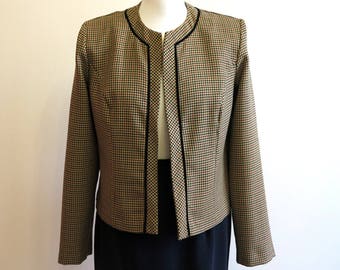 Womens Brown Houndstooth Plaid Cropped Jacket Office Blazer Secretary Clothes Medium Size Jacket