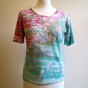 Multicolor Top Print Jersey Blouse Sequined Womens Shirt Short Sleeves Top Medium Size Turquoise Pink Top