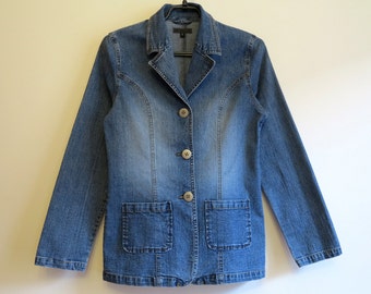 Blazer jeans vintage ajustado, tamanho pequeno feminino