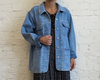 Vintage 80s Womens Denim Jacket Oversized Jeans Jacket Womens Jeans Blazer Long Denim Jacket Medium to Large Size