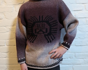 Jersey de lana vintage tejido a mano – Jersey estilo boho con efecto degradado y diseño de sol azteca, talla pequeña.