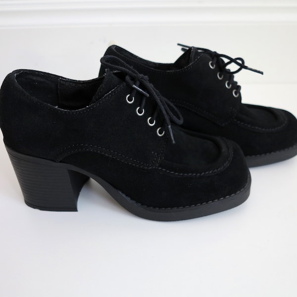 Black Suede Leather Shoes Black Tie Platform Shoes Lace up Oxford Shoes Genuine Leather Shoes Women's Shoes Size EUR 37 US 6.5 UK 4