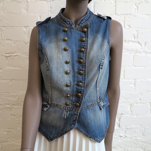 Blaue Jeansweste Damen Militär Stil Weste Gilet für Frauen Mittlere Größe