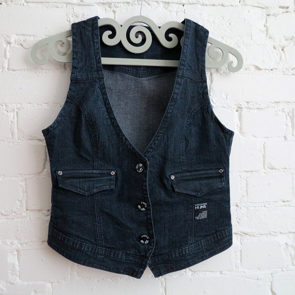 Dark Blue Denim Vest Stretchy Fitted Jeans Waistcoat Country Western Vest Womens Denim Vest Medium Size