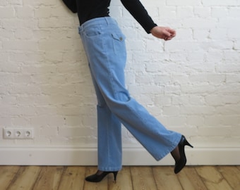 Vintage Light Blue Corduroy Pants Wide Leg Stretchy Trousers Micro Corduroy Pants Large Size