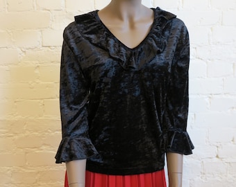 Black Stretchy Velvet Top Jersey Top Womens Velvet Blouse Ruffle Collar Ruffled Sleeves Blouse 3/4 Sleeves Medium to Large Size