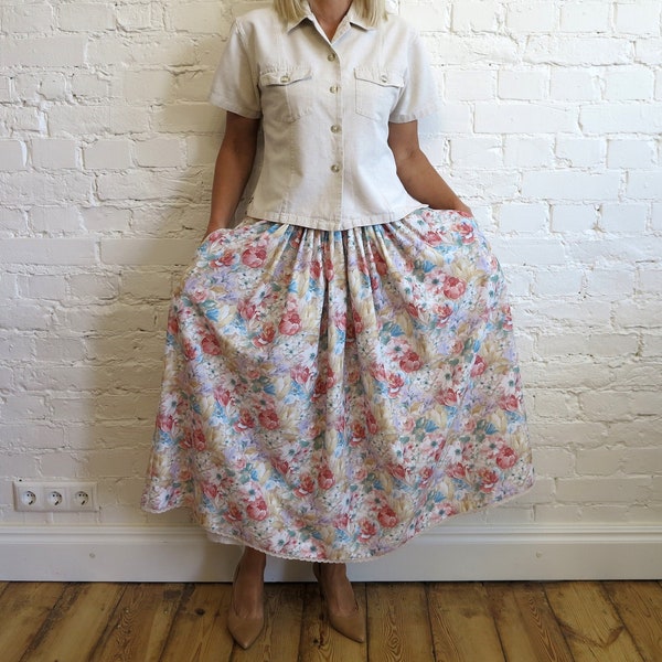 Pastel Colors Floral Print Skirt Full Viscose Blend Skirt Trachten Dirndl Skirt Austrian Bavarian German Octoberfest Skirt Extra Large Size