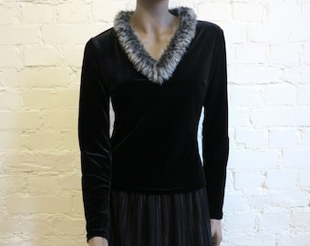 Kunstpelz Kragen Samt Top Schwarz Stretchy Samt Top Damen Bluse Jersey Pullover Lange Ärmel Samt Top Kleine Größe