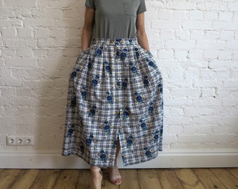 Grey White Plaid Floral Print Skirt Full Cotton Viscose Linen Skirt Trachten Dirndl Skirt Austrian Bavarian German Octoberfest Size XL