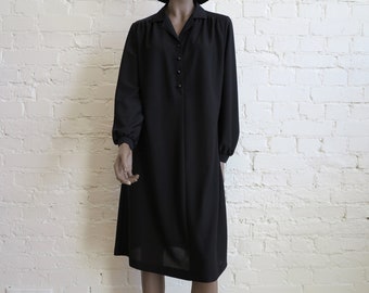 Abito nero vintage anni '80, abito camicia elasticizzato lungo fino al ginocchio, abito a maniche lunghe, abito da cocktail, formale, da ufficio, taglia media